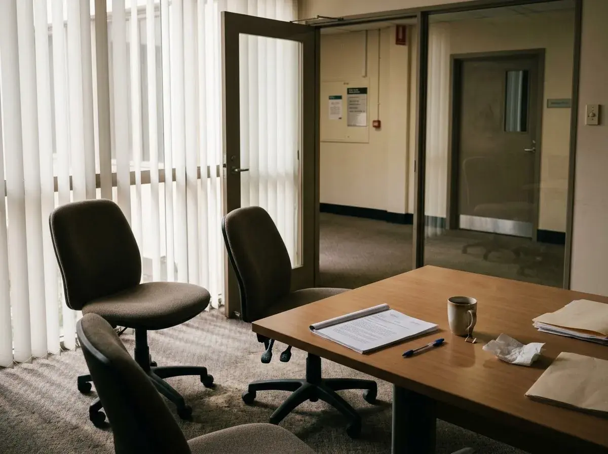 An unsigned settlement document on a table in an empty court conference room.