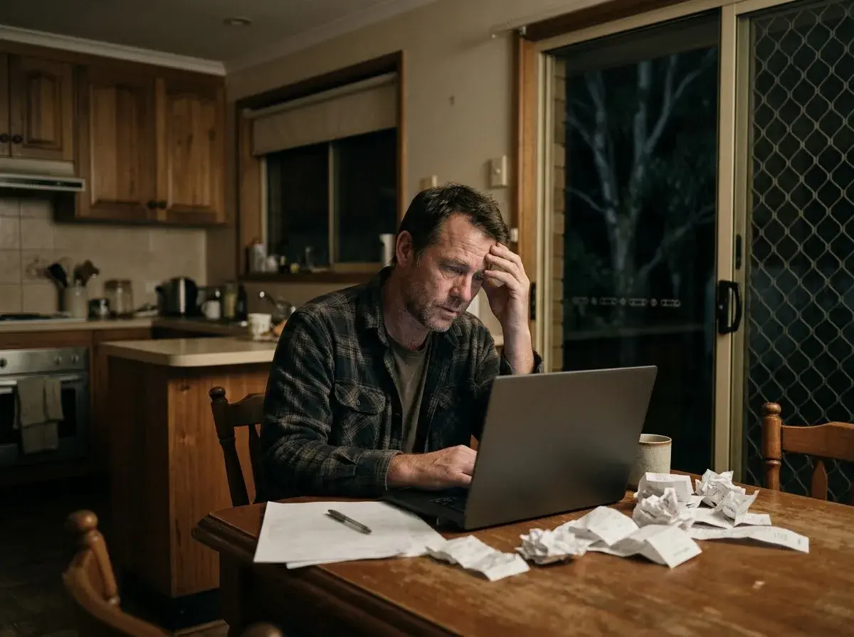 A tired man at a kitchen table at night reading unanswered emails about unpaid pay, with receipts beside his laptop.