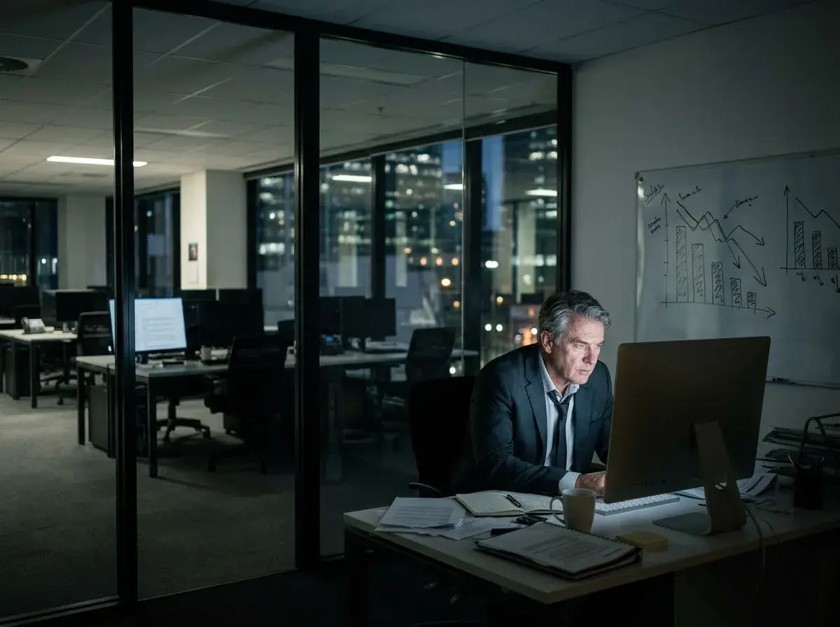A manager writing a long email late at night in an empty office, with falling sales charts on the wall behind him.