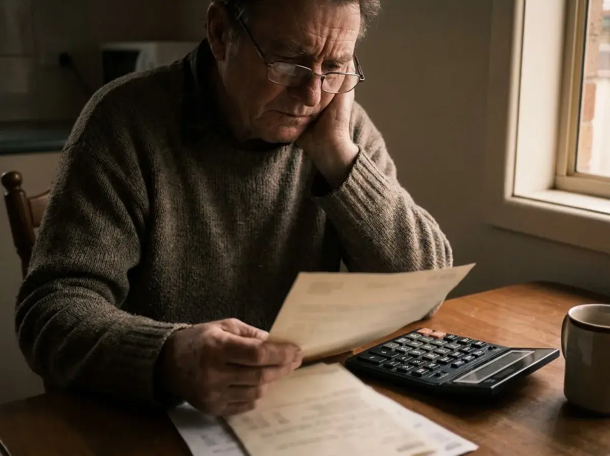 A man checks the payment figures in his settlement papers with a calculator at the kitchen table.