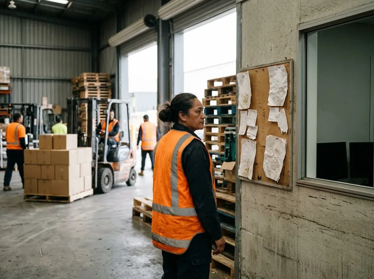 A warehouse supervisor in a high-visibility vest stands by a dispatch office, looking at a board of workplace policies.