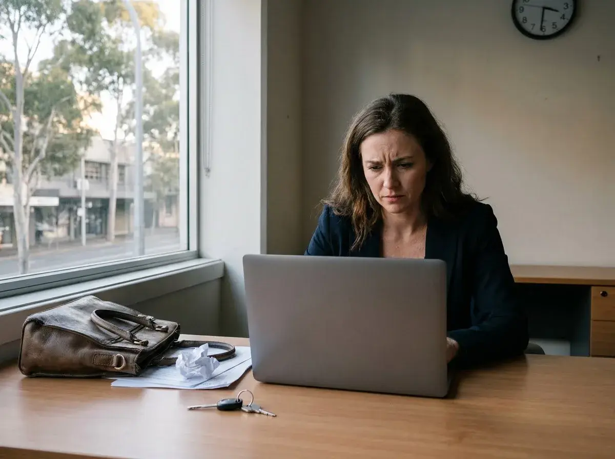 A worried sales manager at her desk late in the day, with her car key beside the laptop.